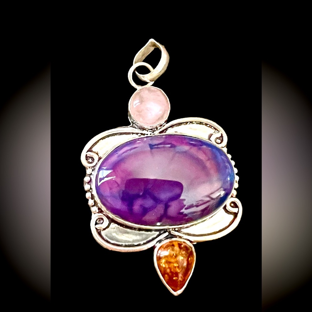 925 SS PENDANT Amethyst Pietersite Namibia, and strawberry quartz gemstone